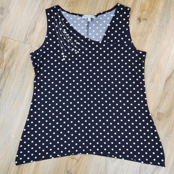 💛Vintage Suzie Black w/White Polka Dot Asymmetric Sleeveless Top Large - Picture 1 of 8